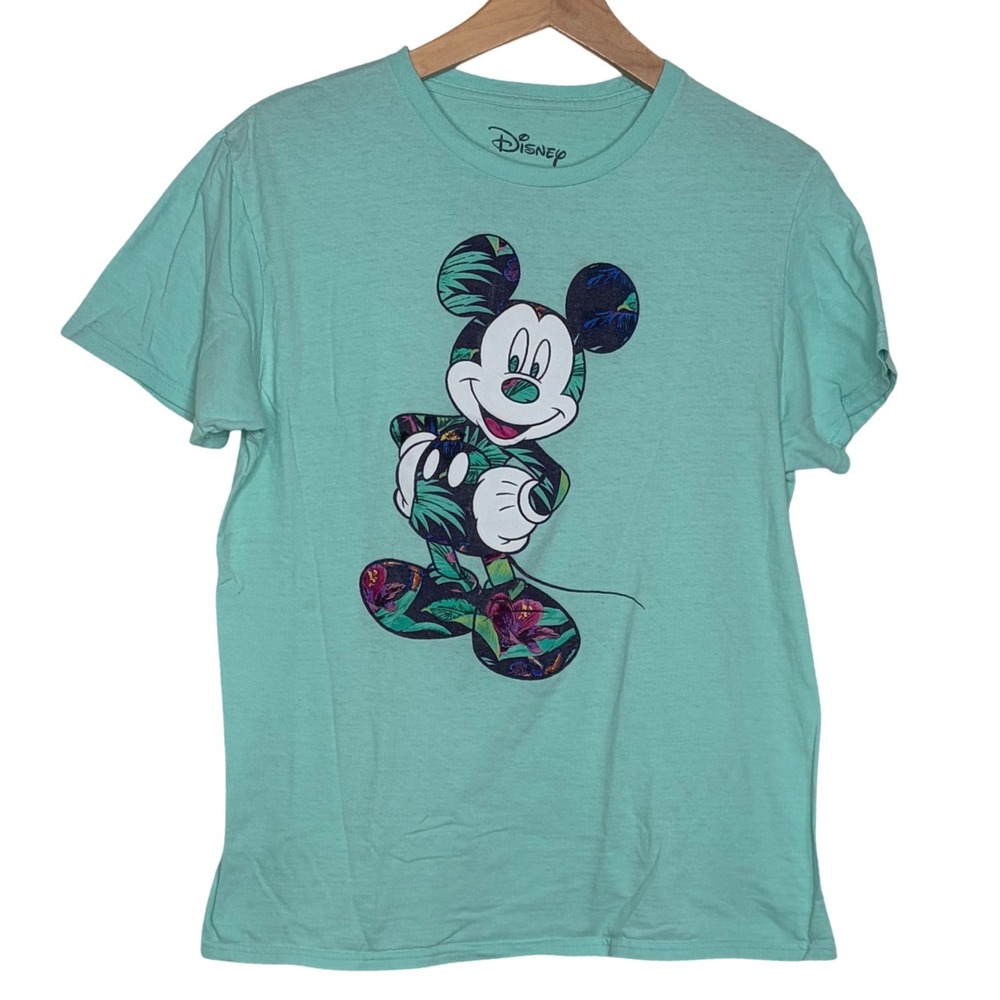 Disney Mickey Mouse T-Shirt Medium Mint Green‎ Tropical Floral Graphic Tee